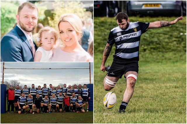 Dan Turnbull pictured with wife Laura and daughter Poppy (top left) and with Houghton Rugby Club (bottom left)