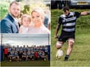 Dan Turnbull pictured with wife Laura and daughter Poppy (top left) and with Houghton Rugby Club (bottom left)