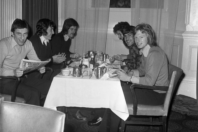 Semi final day. Pictured at breakfast time in their hotel dining room are (left to right) Joe Bolton, Vic Halom, Brian Chambers, Richie Pitt, Billy Hughes, and Mick Horswill.