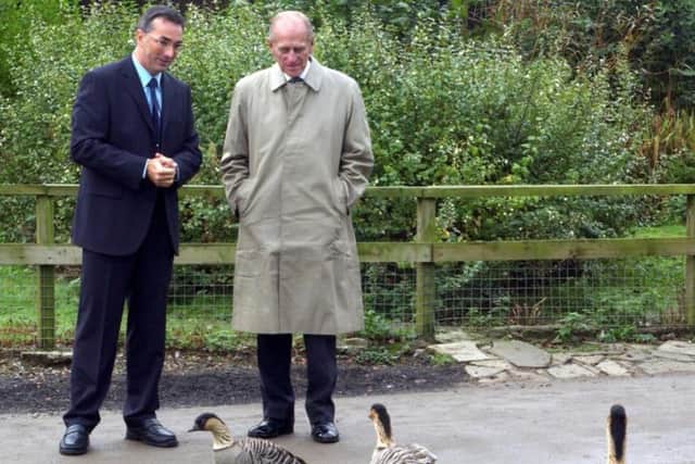 A photo shared by Sunderland City Council of HRH Duke of Edinburgh visiting the Washington Wetland Centre October 2005, as he was pictured with centre manager Chris Francis.