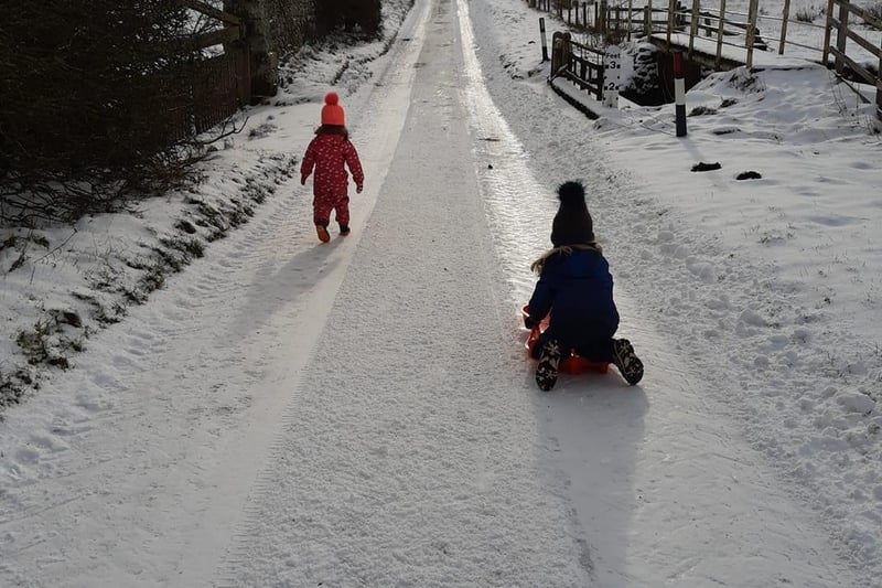Nice empty roads made for extra slippy sledging near Whittingham. Picture: Helen Dunn