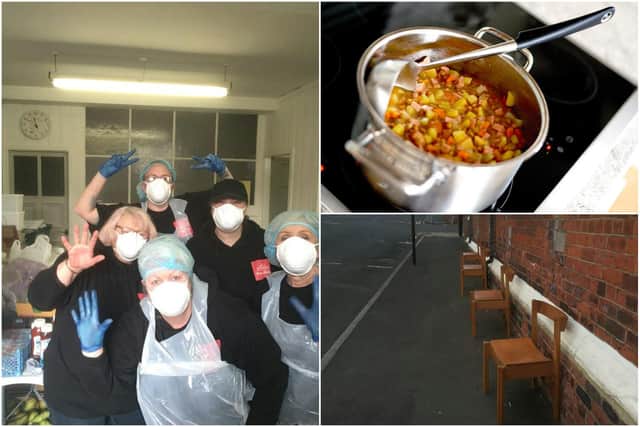 Volunteers at Sunderland Community Soup Kitchen wearing masks following confirmation the coronavirus outbreak was being classed as a pandemic, with chairs set outside to keep people distanced from each other during its sessions.