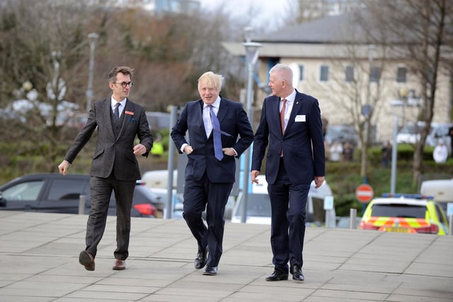 Boris Johnson was greeted by University of Sunderland Vice Chancellor Sir David Bell and National Glass Centre director Keith Merrin (left) when he visited Wearside in 2020.