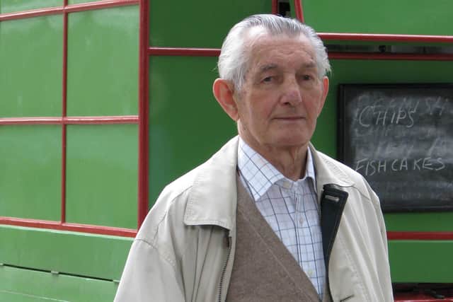 Norman Cornish in front of the Berriman's chip van that featured in a number of his paintings - Beamish Museum restored the van.
