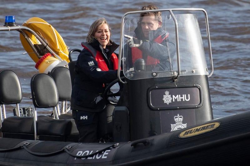 Filming for crime drama Annika takes place in Glasgow on the river Clyde.
Nicola Walker (DI Annika Strandhed) and Jamie Sives (DS Michael McAndrews) are seen filming on Glasgow's river Clyde.