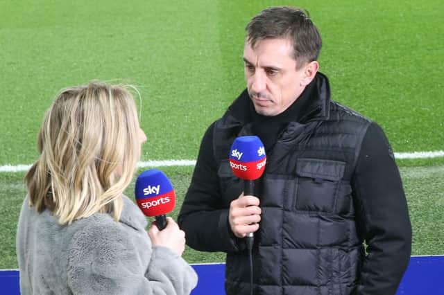 LONDON, ENGLAND - FEBRUARY 17: Gary Neville broadcasts ahead of the Premier League match between Chelsea FC and Manchester United at Stamford Bridge on February 17, 2020 in London, United Kingdom. (Photo by John Peters/Manchester United via Getty Images)