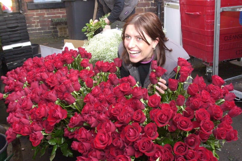 Pictured at Katie Peckitt's flower shop, Ecclesall Road,where  staff are at full stretch preparing for Valentine's Day in 2001. Seen is  Julie Woodhams the manageress with some of the many red roses that will be given on Valentines Day
