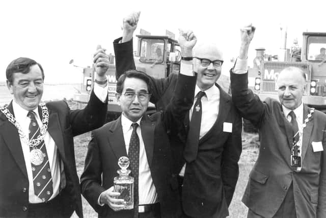 Success! The official groundbreaking at the Nissan site in July 1984 are, from left Cllr George Elliott, Mayor of Sunderland; Mr Toshiaki Tsuchiya, director Nissan, Professor Grigor McClelland, chairman of Washington Development Corporation and Cllr Archie Potts, chairman of Tyne and Wear County Council.