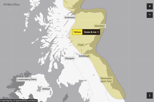 A graphic shared by the Met Office showing the area covered by the yellow alert for snow.