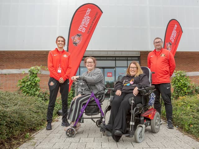 Tara Johnson from Tailored Leisure Co with her client Jane Bray (grey jumper) join Get Out, Get Active (GOGA) Programme Coordinator, Dominic Oliver and his colleague Jade Gilbertson at the Beacon of Light in Sunderland Picture: DAVID WOOD