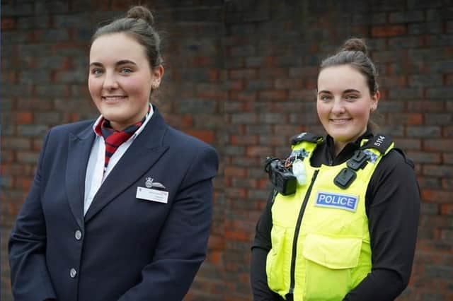 Lauren Brook in her two roles as part of the British Airways cabin crew and as a special constable with Northumbria Police.