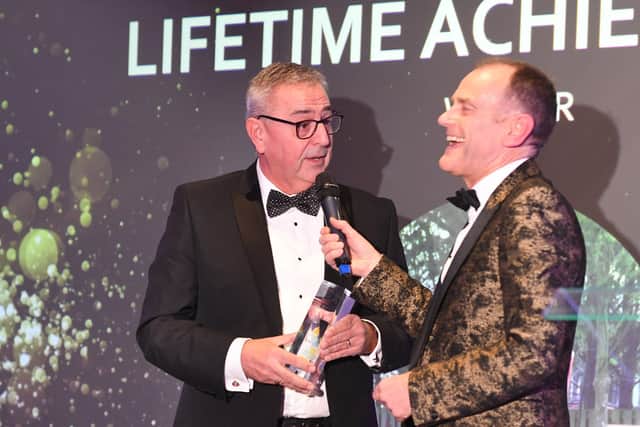 Lifetime Achievement Award winner, Sean Thompson (left) with host Jeff Brown at the Sunderland Business Excellence Awards.