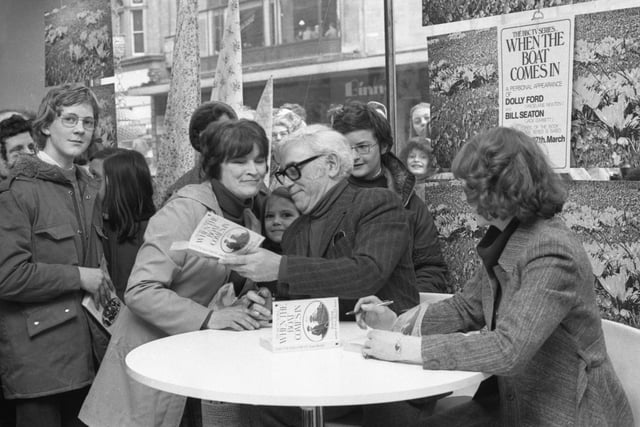Stars of the TV series When the Boat Comes In  - Dolly Ford and Bill Seaton - signed books for fans in Binns in 1976.