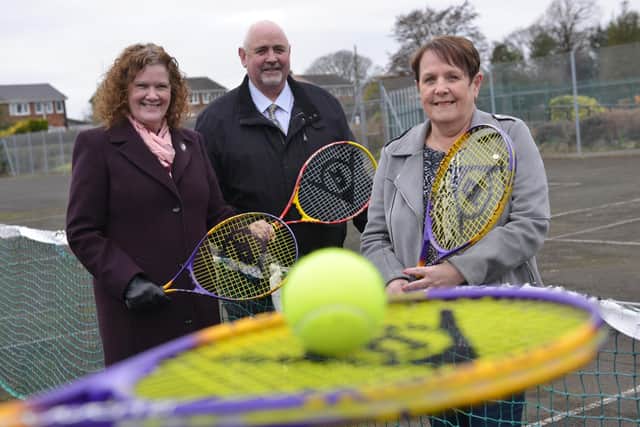 Coun Linda Williams (left) with Washington North councillors Peter Walker and Jill Fletcher at the tennis courts at Usworth Park which are among 17 across the city to be revamped
