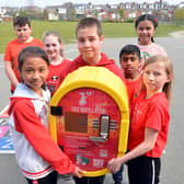 St Joseph's Primary School defribrillator fundraiser following the death of a school staff member Christine Graham. Front from left Charlotte Dino, 11, Joseph Tudberry, 11 and Ruby Charlton, 10. Back from left Ryan Little, 10, Eloise King, 10, Samantha Chavez, 10 and Daniel Bijo, 11.