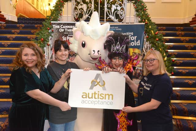 Sunderland Empire Theatre receive autism acceptance award. From left Theatre Director Marie Nixon, Creative Learning Director Steph Durkin and North East Autism Society Kerrie Highcock with NE Autism Society mascot and Wicked Queen Su Pollard.