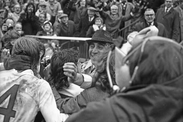 Manager Bob Stokoe greets Sunderland skipper Bobby Kerr at the end of the 1973 FA Cup semi final.