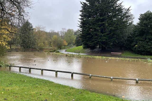 Barnes Park's duck pond has been temporarily extended by Storm Ciarán. Sunderland Echo image.