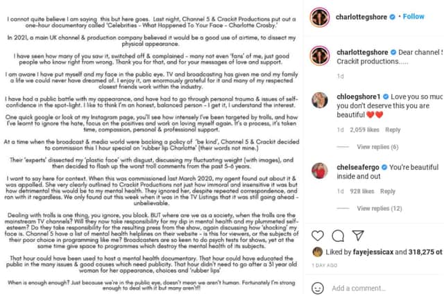 Charlotte Crosby took to Instagram to release a lengthy statement calling out Channel 5 following the show.