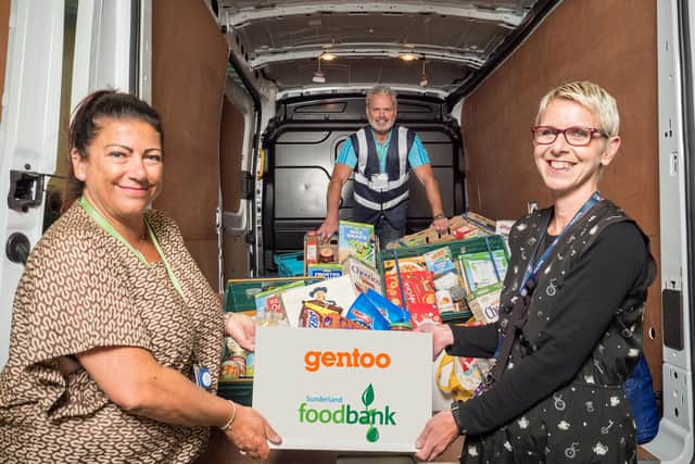 Gentoo's community partnership coordinator Angela Sinclair, left, gives a helping hand to Sunderland Foodbank coordinators Tommy Mellefont, centre and Jo Gordon.