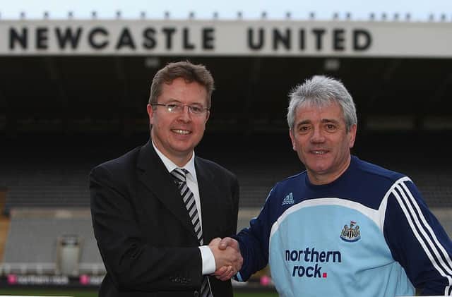 NEWCASTLE-UPON-TYNE, UNITED KINGDOM - JANUARY 18:  Kevin Keegan (R) poses with Chief Executive Chris Mort after being officially announced as the new Newcastle United manager,  at St James Park on January 18, 2008 in Newcastle, England.  (Photo by Laurence Griffiths/Getty Images)