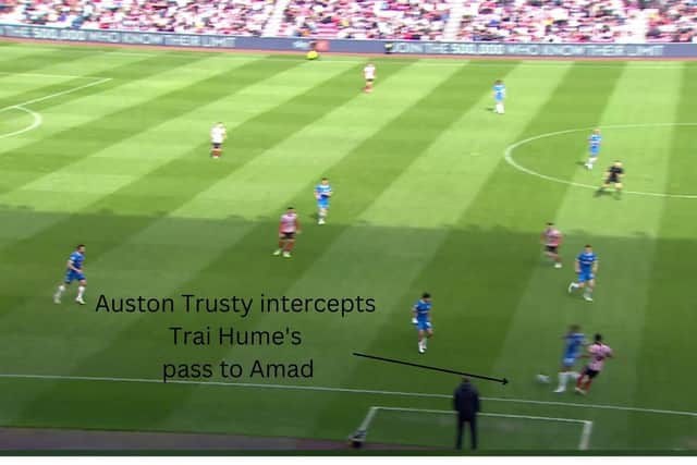 Birmingham defender Auston Trusty intercepts Trai Hume's pass to Sunderland team-mate Amad.