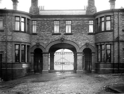 The Doxford archway when it was part of the gatehouse during the shipyard's heyday.