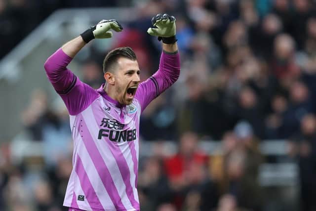 Martin Dubravka of Newcastle United celebrates after Kieran Trippier (not pictured) scores their sides third goal during the Premier League match between Newcastle United and Everton at St. James Park on February 08, 2022 in Newcastle upon Tyne, England. (Photo by Alex Livesey/Getty Images)