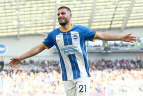BRIGHTON, ENGLAND - APRIL 29: Deniz Undav of Brighton & Hove Albion celebrates after scoring their sides sixth goal during the Premier League match between Brighton & Hove Albion and Wolverhampton Wanderers at American Express Community Stadium on April 29, 2023 in Brighton, England. (Photo by Charlie Crowhurst/Getty Images)