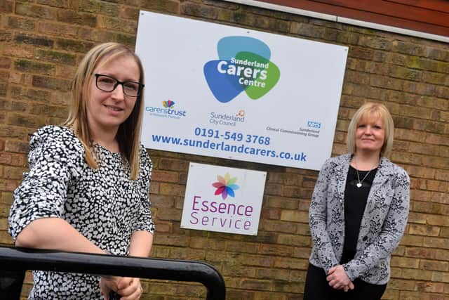 Sunderland Carers Centre staff member Jenna Green, left,  is one of three people nationwide to receive a prize after returning to work early during the pandemic after giving birth.    Pictured, right, is centre chief executive Amanda Brown.