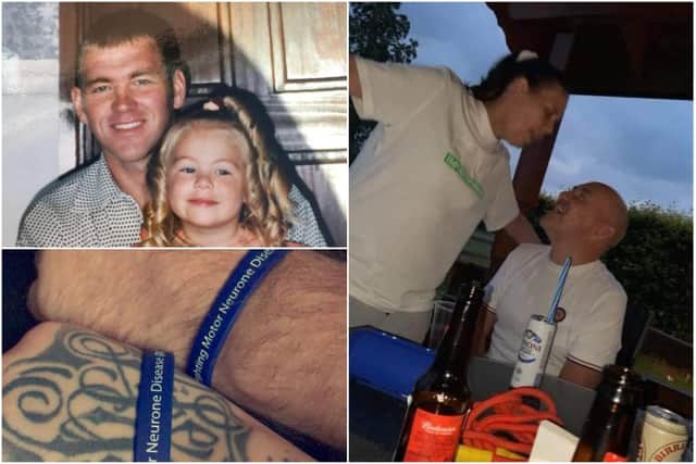 Photos shared by Chloe Coxon of her with her dad when she was young, Dave Coxon with his partner Jannette Hall and the MND wristbands dad and daughter wear.