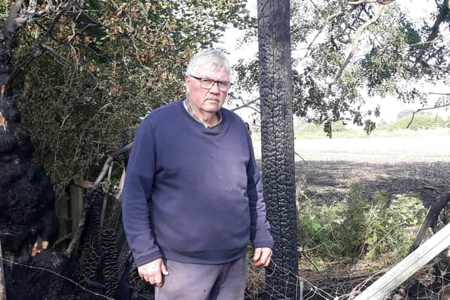 Northumbria Police has appealed for help after the a fire tore through Frederick Rylance's farm in East Boldon, leaving the 75-year-old devastated.