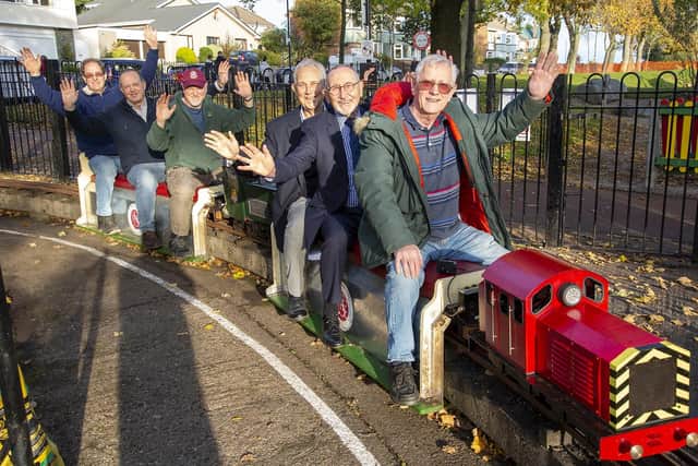 Full steam ahead to a brighter future for Roker Park's miniature railway. (Front to back) Peter Russell, Peter Dunn, Philip Tweddel, John Maw, Steve Wright, and Tom Turner.
