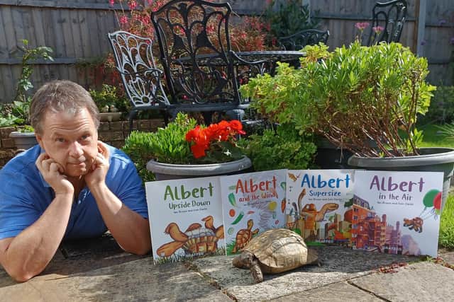 Ian Brown will visit schools in Sunderland on Wednesday, November 16. He's pictured here with Albert the tortoise, the inspiration for his books. Picture: Ian Brown.