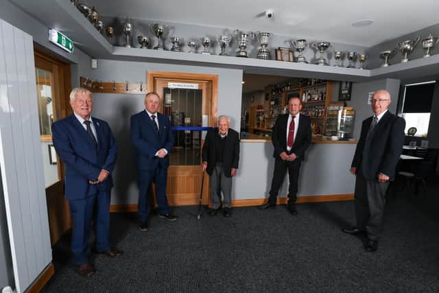 Tom Thirkell, golf club manager Michael Trippett, Matty Stoves; club captain Mick McGann and vice-chairman Terry Johnson in the revamped clubhouse.