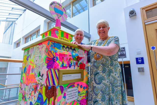 The Mayor of Sunderland Coun. Alison Smith and Consort David Smith at the exhibition of Jubilee post boxes made by local school children, helped by artists and cultural organisations, at Sunderland Museum and Winter Gardens.