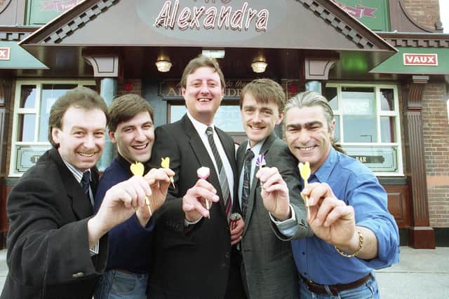 Eric Bristow opened The Alexandra pub in 1992.  Also pictured wre local darts players, Brian Carr, John Stubbs, Simon Newton and Chris McKibbon.