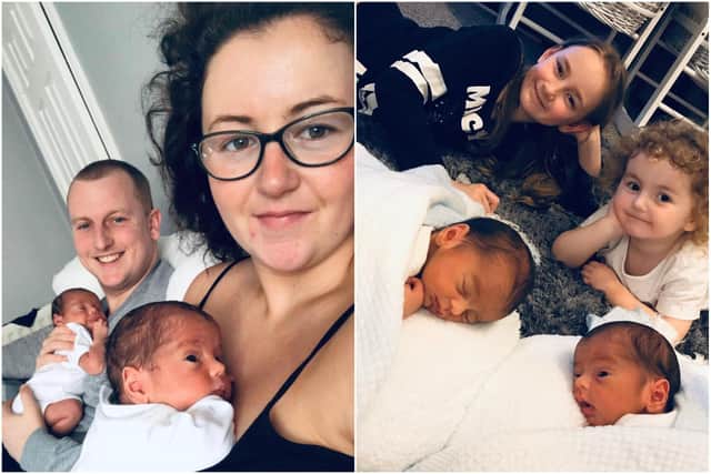 Mum Jamie Lea Jarvis, 23, from Sunderland, gave birth to twins Barry and Charlie Green at Sunderland Royal. Pictured with partner Mason Green, 27, daughter Phoebe Green, two, and is a guardian for her sister Lily Jarvis, eight.