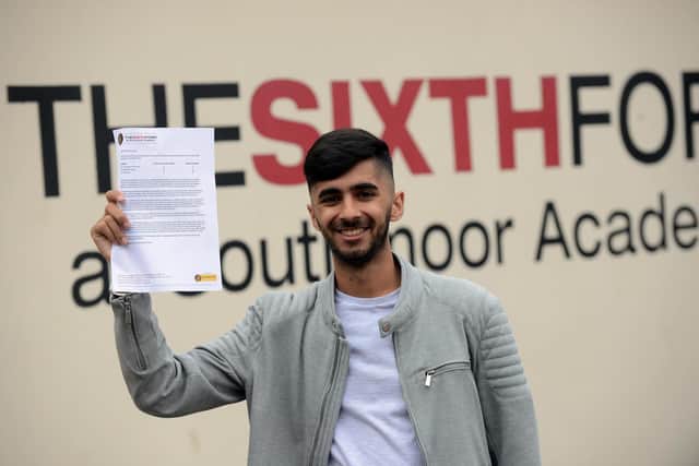 A levels results day at Southmoor Academy Sixth Form. Student Roop Kang with a A in computer science, A in maths and B physics.