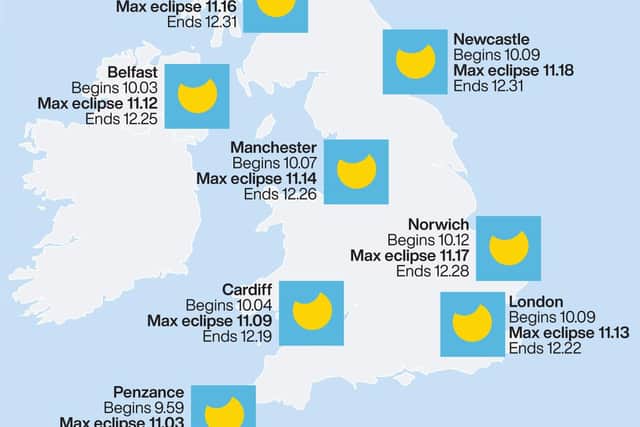 A graphic by PA shows when the eclipse can be seen at points across the UK.