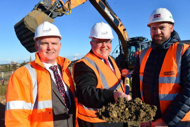 Sunderland's new City Hall to be build on former VAUX site. From left Sunderland City Council CE Patrick Melia, Council leader Coun Graeme Miller and Browmer+Kirkland project manager Paul Anderson. Work will resume after lockdown