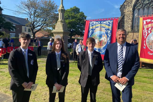 Seaham High School students James Cox, Max Ebdy and Amy Hall with Headteacher Geoffrey Lumsden.