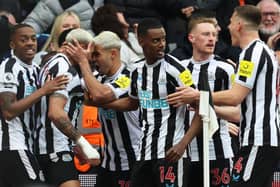 Joelinton, second left, celebrates his goal for Newcastle United against Tottenham Hotspur yesterday.