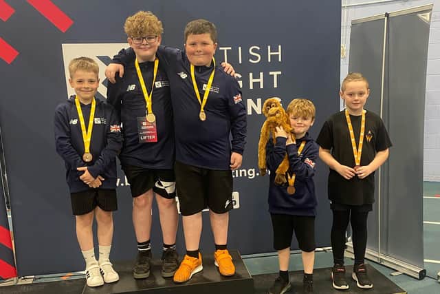 Doing Sunderland proud, from left, weight lifters Matthew Lawrance, Jacob McDonald, James Newton, Carter Mason (and friend) and Archie Fowler.