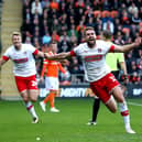 BLACKPOOL, ENGLAND - OCTOBER 12: Clark Robertson celebrates scoring his sides second goal during the Sky Bet Leauge One match between Blackpool and Rotherham United at Bloomfield Road on October 12, 2019 in Blackpool, England. (Photo by Lewis Storey/Getty Images)