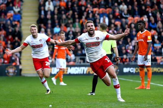 BLACKPOOL, ENGLAND - OCTOBER 12: Clark Robertson celebrates scoring his sides second goal during the Sky Bet Leauge One match between Blackpool and Rotherham United at Bloomfield Road on October 12, 2019 in Blackpool, England. (Photo by Lewis Storey/Getty Images)