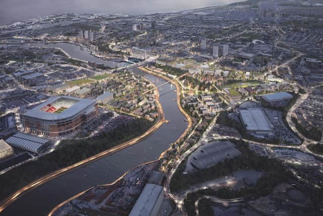 An artist's impression of how the former Vaux Brewery site and land at Sheepfolds could be transformed as part of the wider Sunderland riverside regeneration project.
