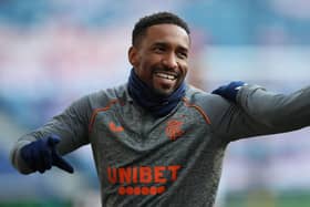 GLASGOW, SCOTLAND - JANUARY 23: Jermain Defoe of Rangers warms up prior to the Ladbrokes Scottish Premiership match between Rangers Ross County at Ibrox Stadium on January 23, 2021 in Glasgow, Scotland. Sporting stadiums around the UK remain under strict restrictions due to the Coronavirus Pandemic as Government social distancing laws prohibit fans inside venues resulting in games being played behind closed doors. (Photo by Ian MacNicol/Getty Images)