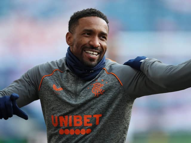 GLASGOW, SCOTLAND - JANUARY 23: Jermain Defoe of Rangers warms up prior to the Ladbrokes Scottish Premiership match between Rangers Ross County at Ibrox Stadium on January 23, 2021 in Glasgow, Scotland. Sporting stadiums around the UK remain under strict restrictions due to the Coronavirus Pandemic as Government social distancing laws prohibit fans inside venues resulting in games being played behind closed doors. (Photo by Ian MacNicol/Getty Images)