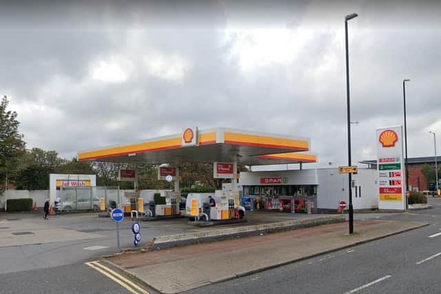 Shell petrol filling station and Spar convenience store at The Broadway, Sunderland.